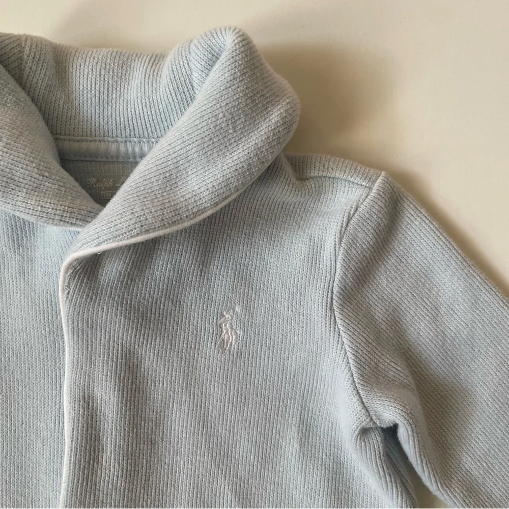Ralph Lauren Childrenswear Unisex French Rib Shawl Light Blue Coverall - 6M